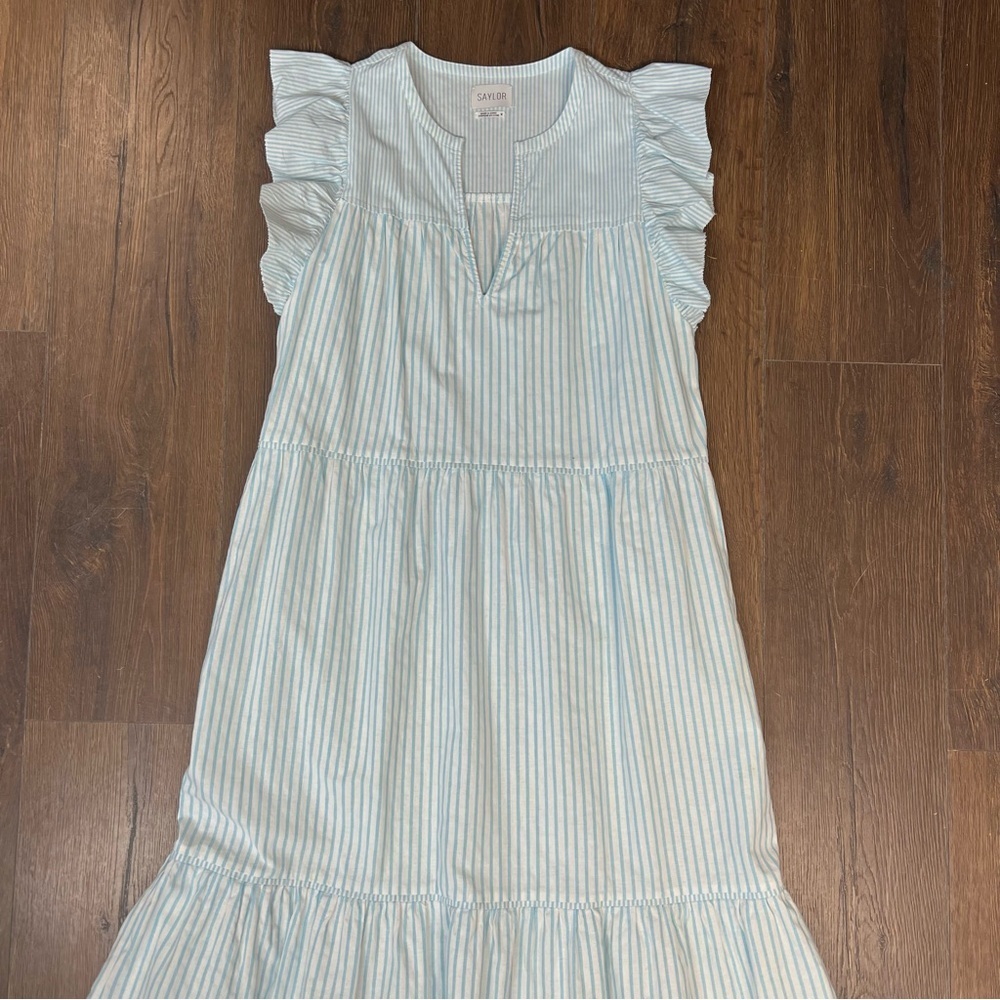 SAYLOR Blue Tiered Flutter‎ Sleeve Striped Sundress SZ MED - Picture 4 of 8